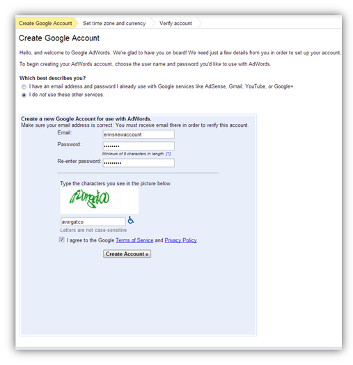 how to create new adwords account